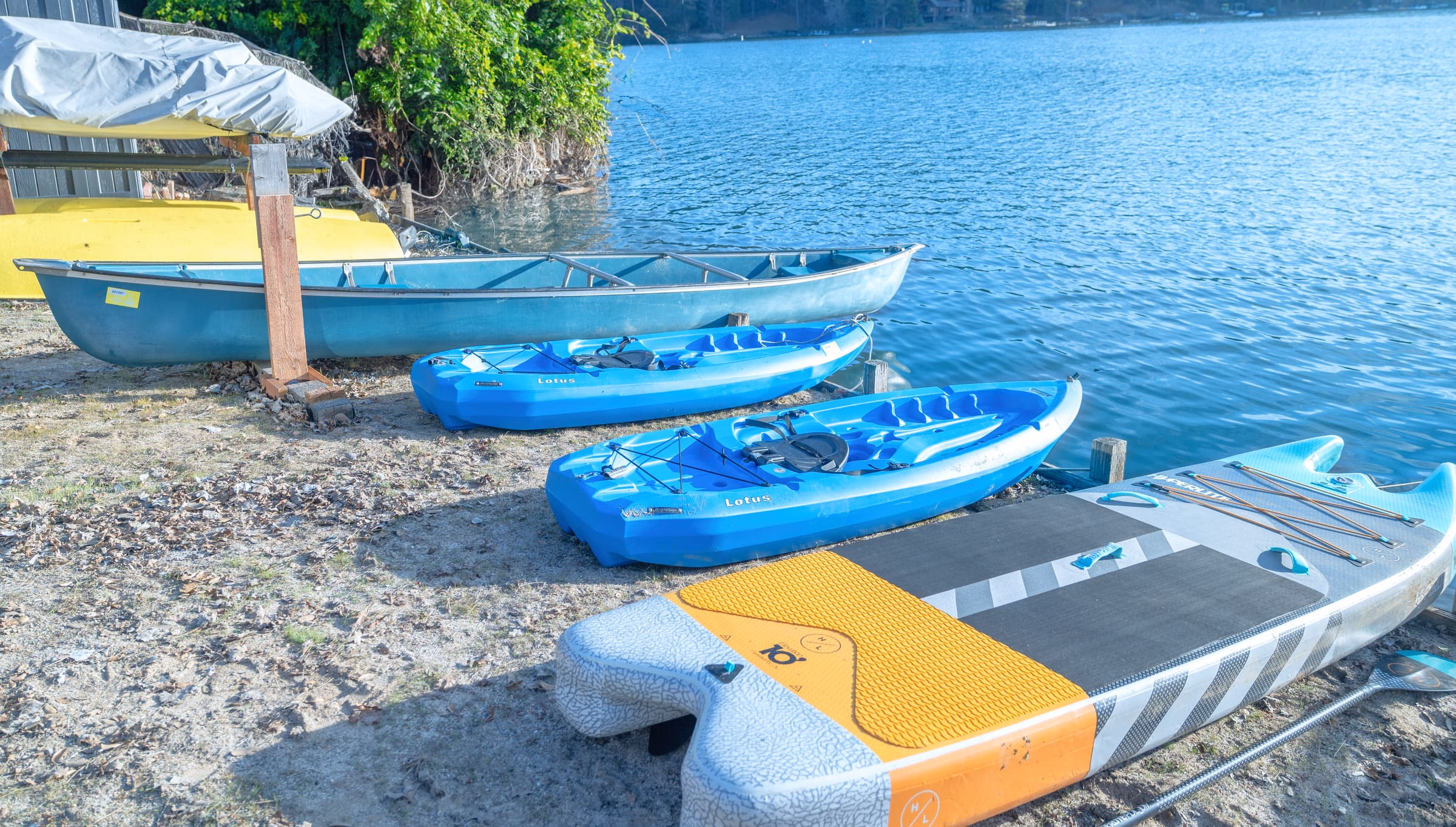 Two blue kayaks, a canoe and paddleboards stored together beside the lake shore